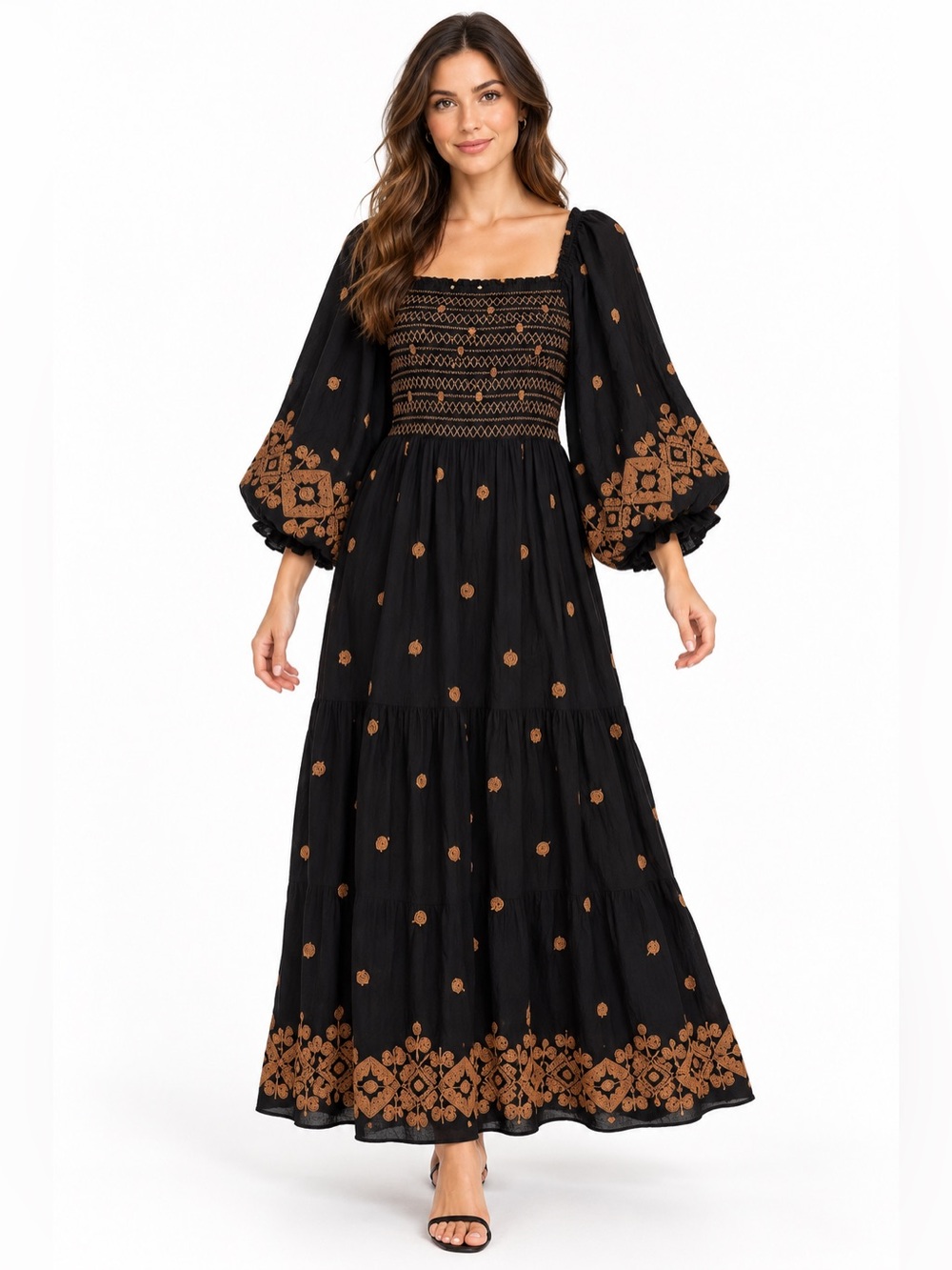 Hale Bob NWT Embroidered Black Maxi Dress with Brown Accents Puff Sleeves
